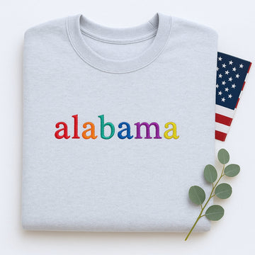 Custom Alabama State Sweatshirt - Rainbow Embroidered Letters - Heart of Dixie Pride Gift