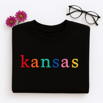 Custom Kansas State Sweatshirt - Rainbow Embroidered Letters - Sunflower State Pride Gift