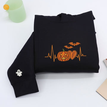 Halloween Heartbeat Medical Hoodies - Nurse Doctor Pumpkin EKG Embroidered Sweaters - Perfect Healthcare Halloween Gift