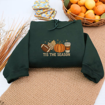Tis The Season Fall Hoodies - Football Pumpkin Spice Embroidered Sweaters - Perfect Autumn Gift