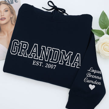 Varsity Grandma Sweatshirt - Personalised Grandchildren Names Embroidered - Custom Grandma Gift
