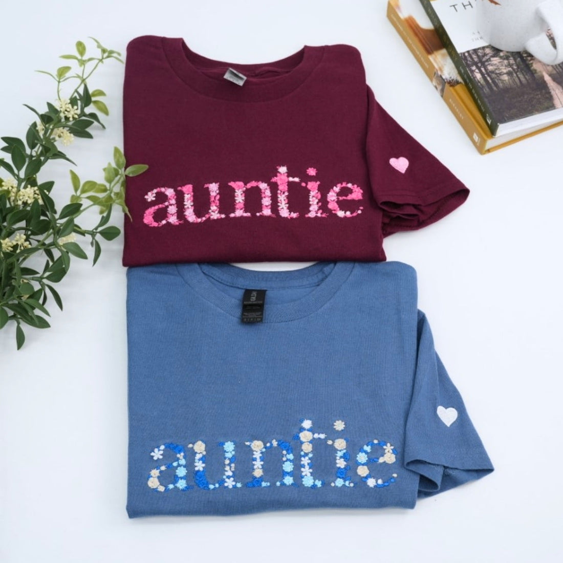 Custom Embroidered Auntie T-Shirt - Floral Embroidered Tee - Personalized Family Gift