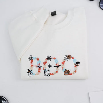 Spooky Floral Custom Embroidered Hoodie - Personalized BOO Halloween Gift - Halloween Party Apparel