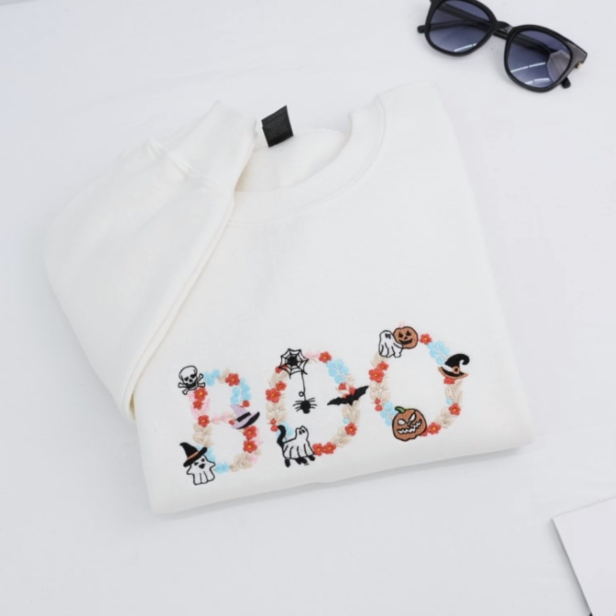 Spooky Floral Custom Embroidered Hoodie - Personalized BOO Halloween Gift - Halloween Party Apparel