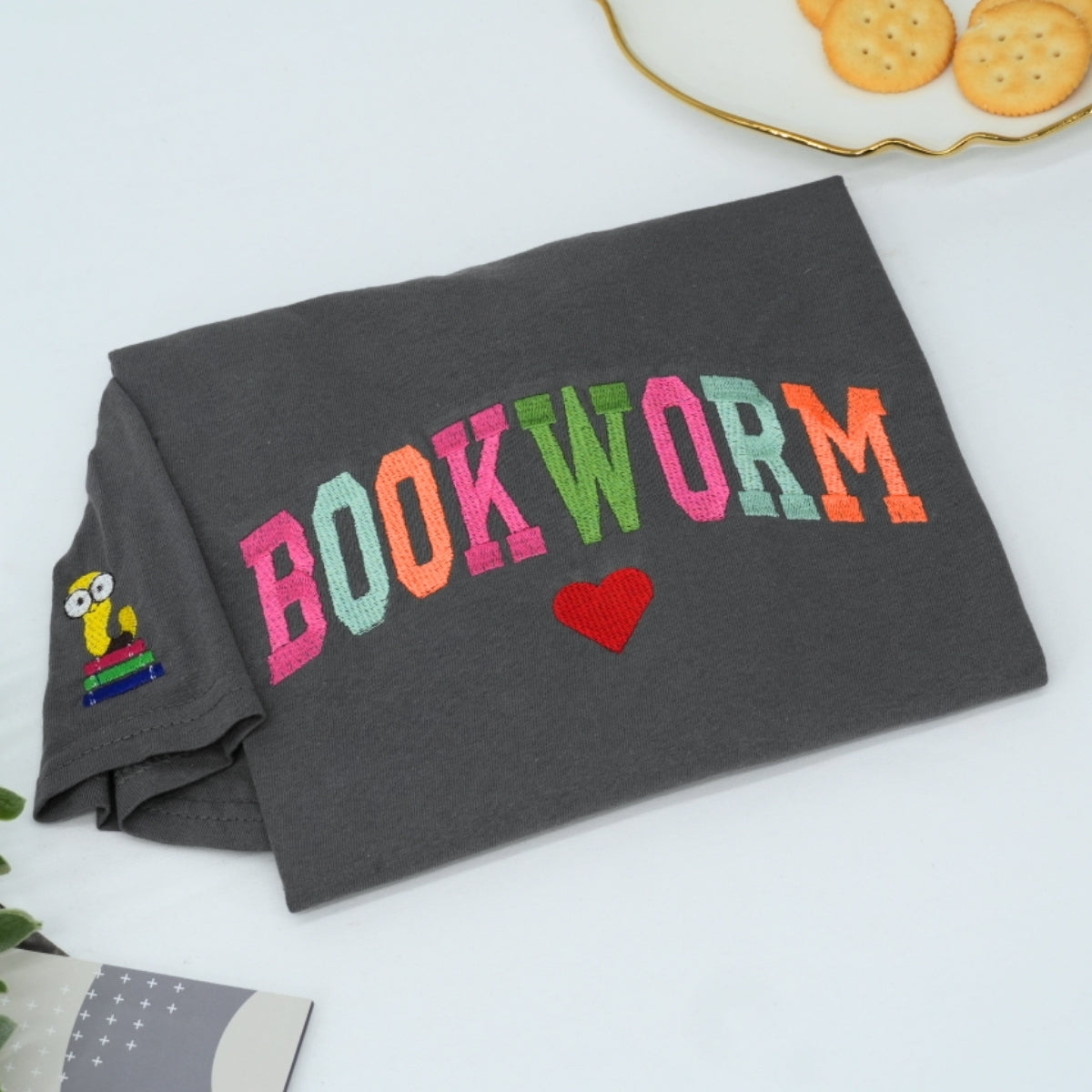 Rainbow Bookworm Custom Embroidered T-Shirt - Personalized Reading Lover Gift