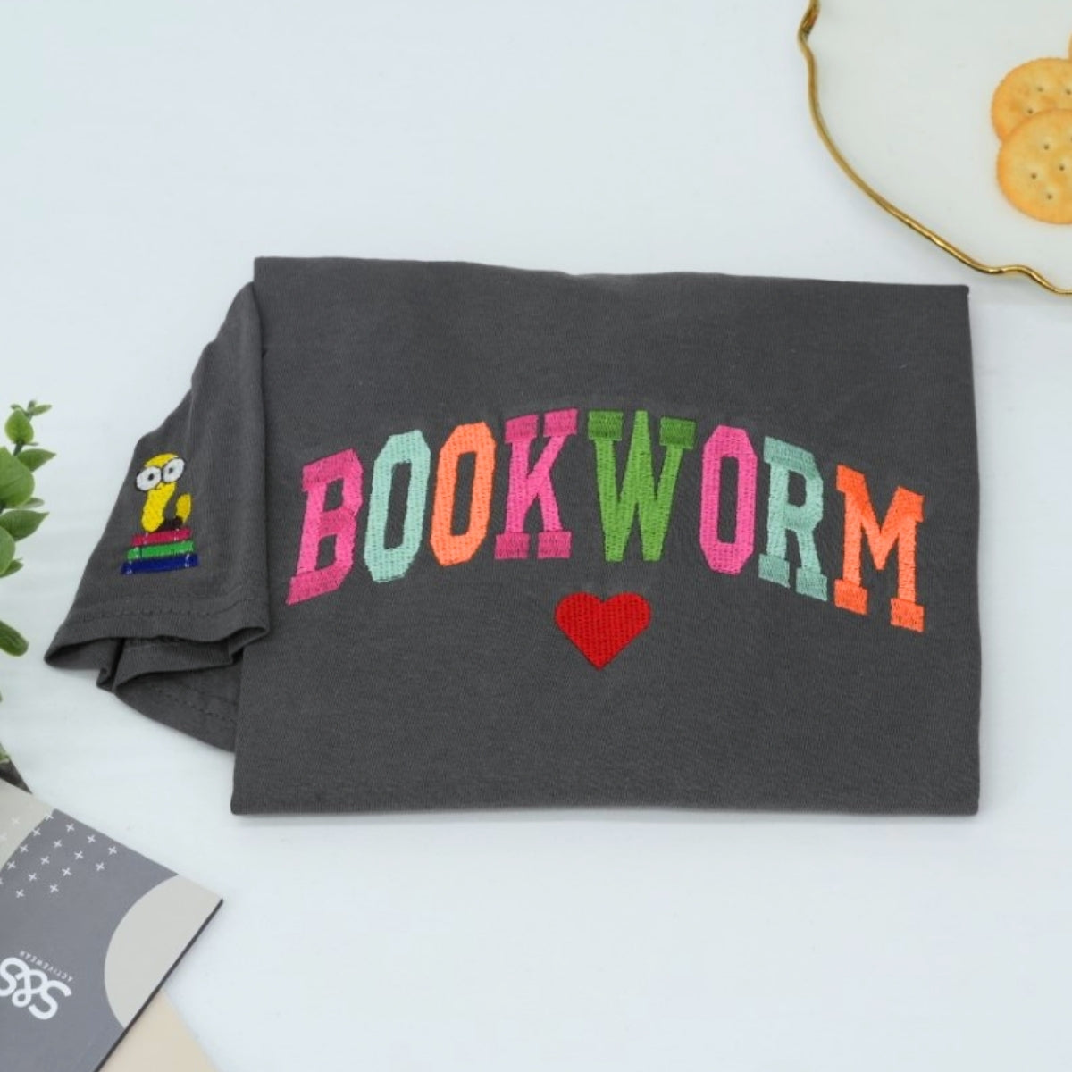 Rainbow Bookworm Custom Embroidered T-Shirt - Personalized Reading Lover Gift