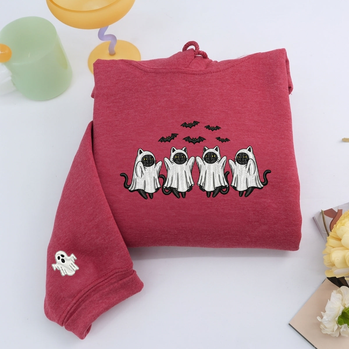 Cat Ghost Custom Embroidered Hoodie - Halloween Gift for Cat Mom Pet Lover