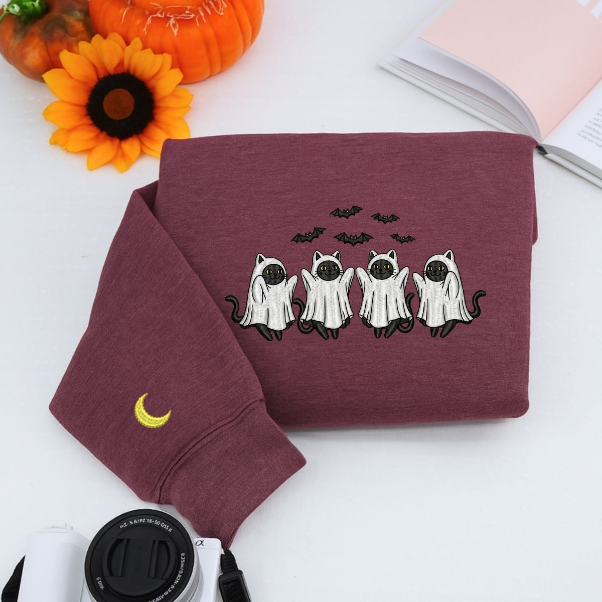 Cat Ghost Custom Embroidered Hoodie - Halloween Gift for Cat Mom Pet Lover