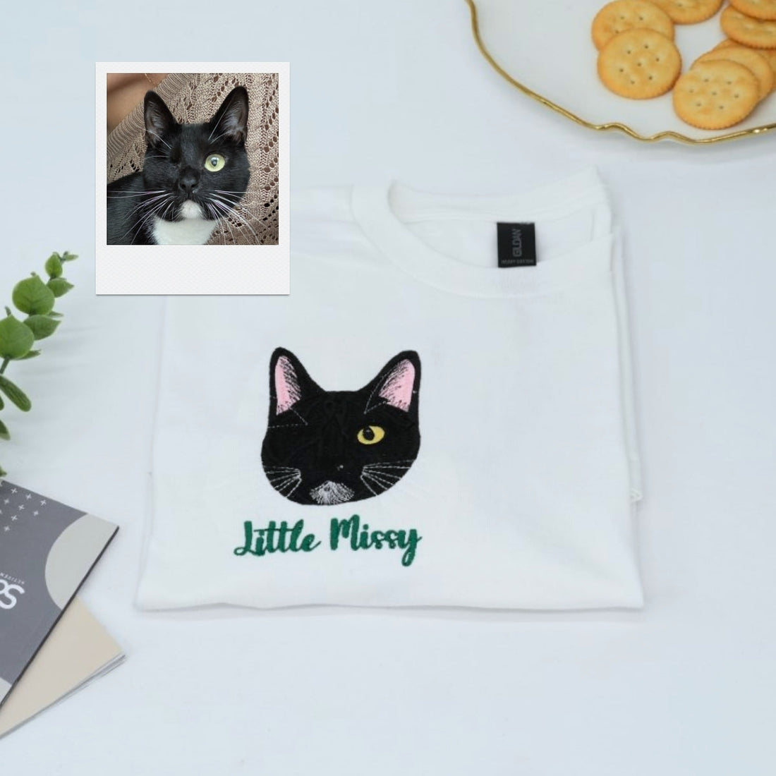 Cute Black Cat Custom Embroidered T-Shirt - Personalized Cat Lover Gift