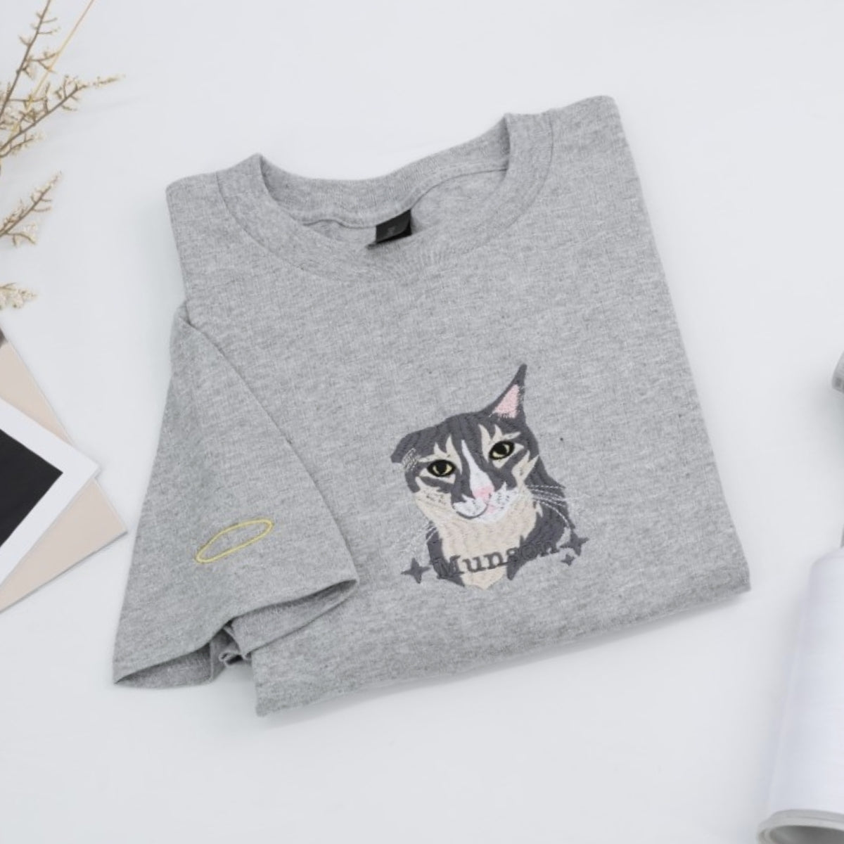 Pet Angel Custom Embroidered T-Shirt - Cat Memorial Rainbow Bridge Gift