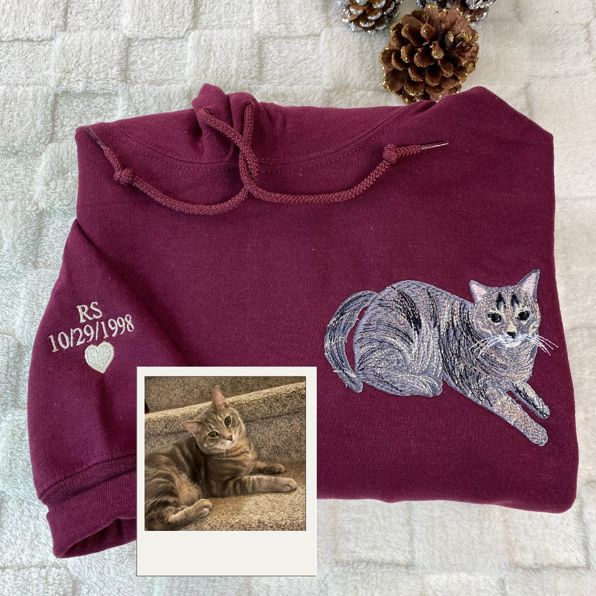 Pet Portrait Custom Embroidered Hoodie - Cat Memorial Tribute Gift