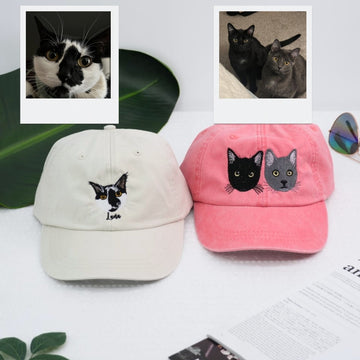 Custom Cat Portrait Hats - Pet Face Embroidered Caps - Personalized Cat Lover Gift
