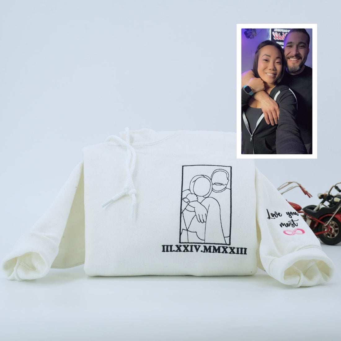 Anniversary Date Custom Embroidered Hoodie - Couple Portrait Roman Numeral Gift