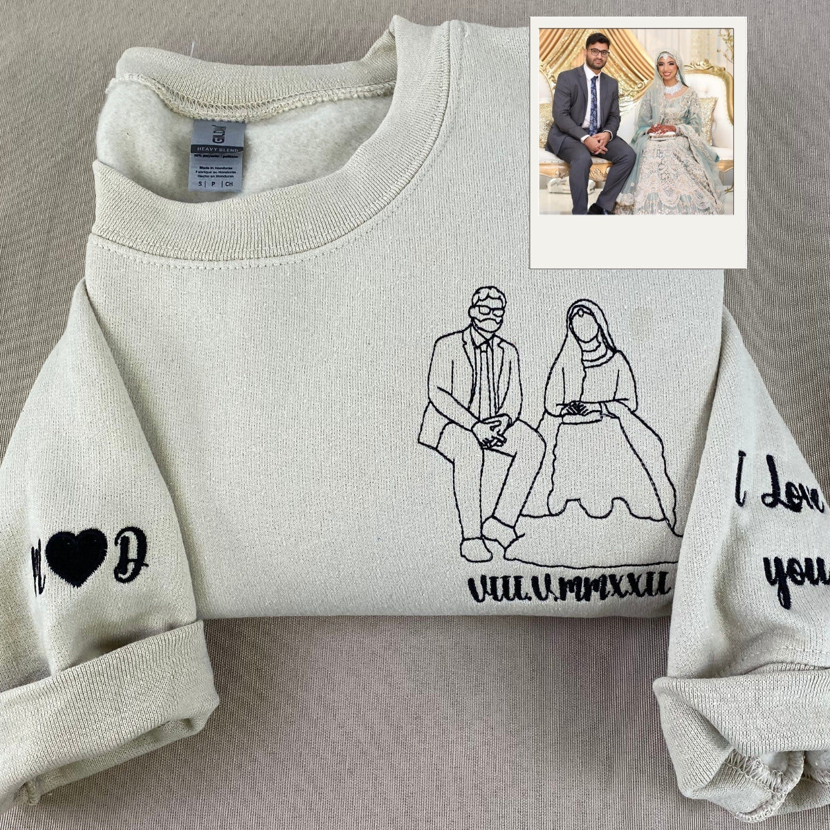 Anniversary Date Custom Embroidered Hoodie - Couple Portrait Roman Numeral Gift