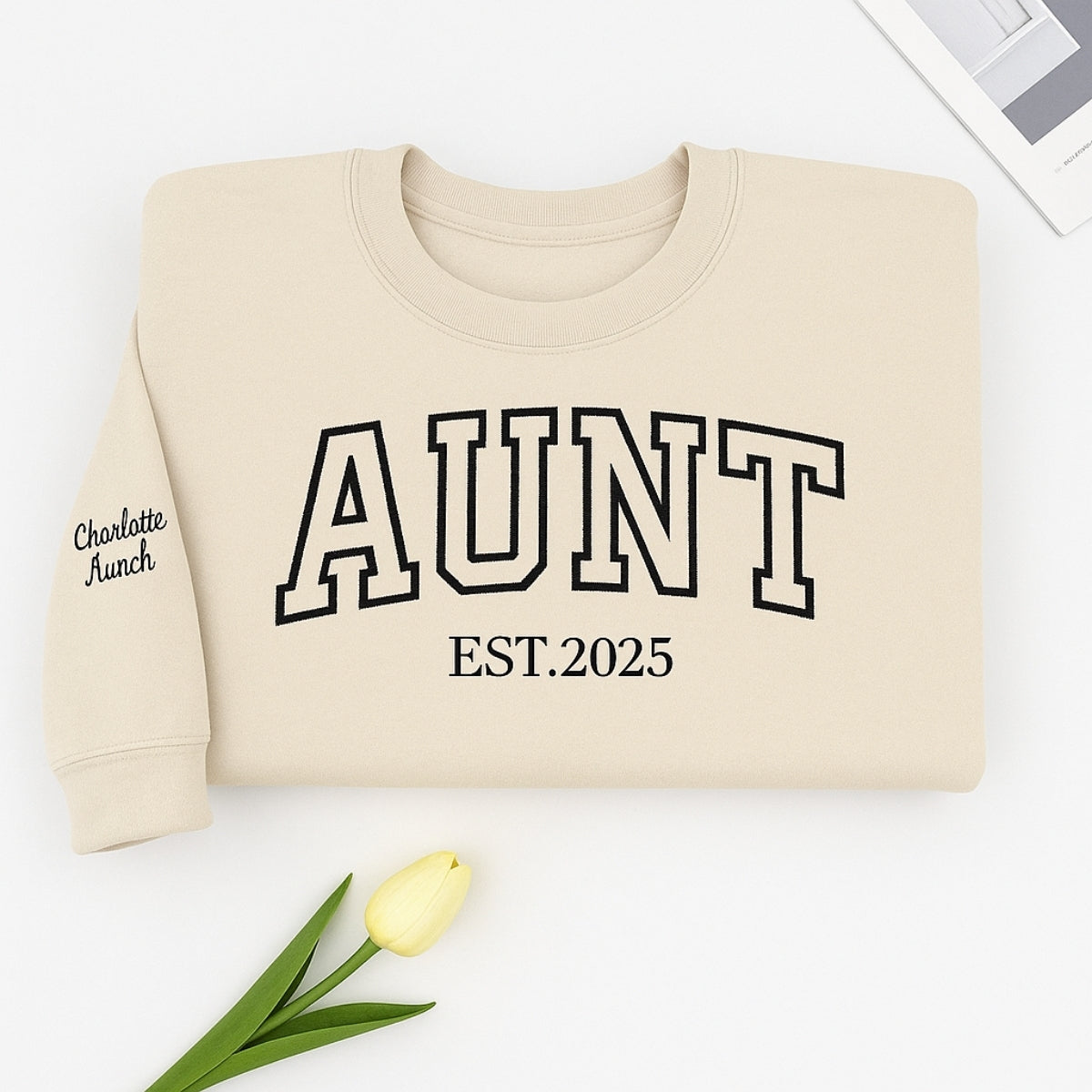 Custom Aunt Embroidered Sweatshirt - Varsity EST Year Hoodie - Personalized New Aunt Gift