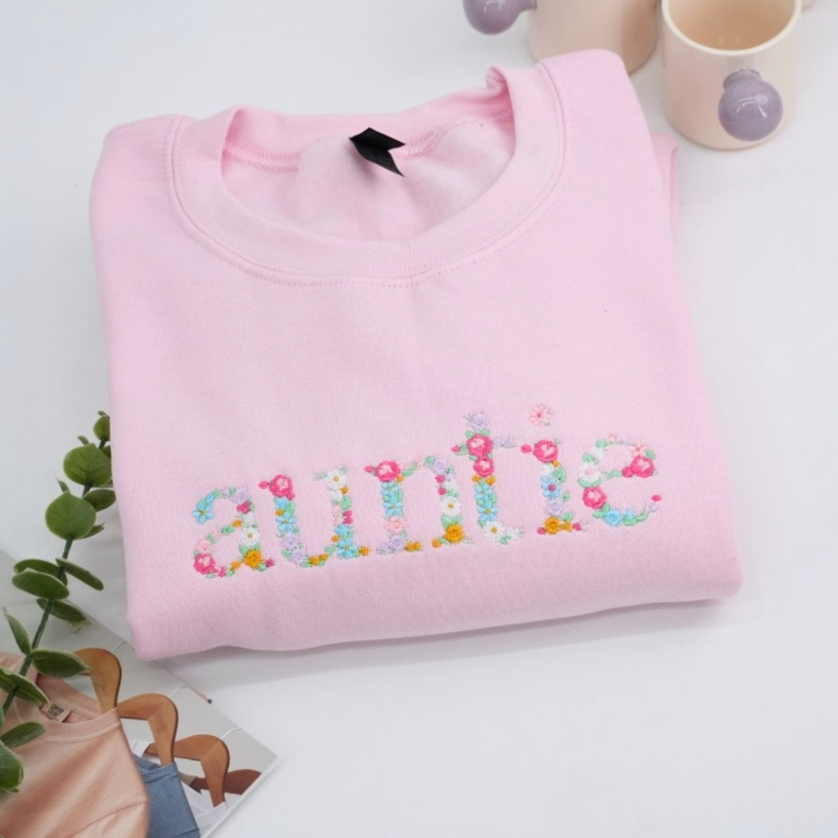 Custom Auntie Floral Embroidered Sweatshirt - Aunt Flower Letter Design Gift