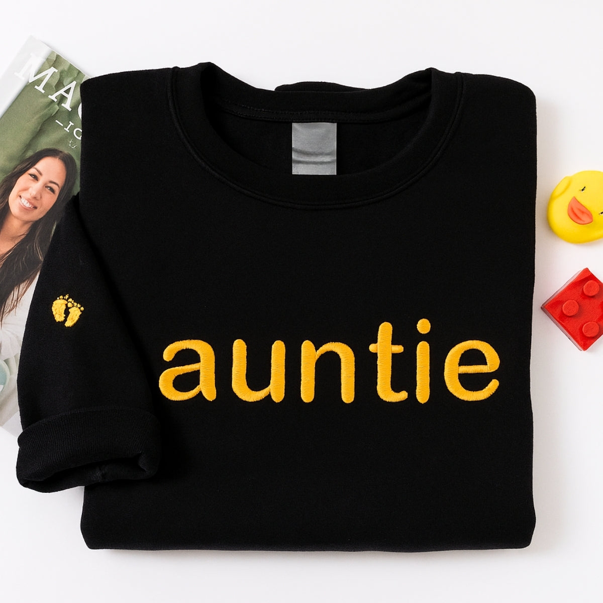 Custom Auntie Embroidered Sweatshirt - Aunt Hoodie with Baby Footprint - New Aunt Gift