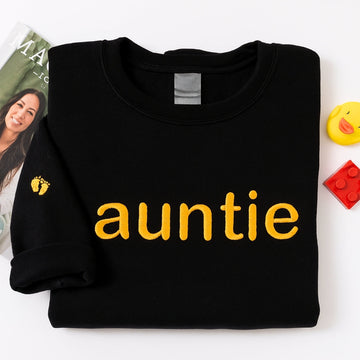 Custom Auntie Embroidered Sweatshirt - Aunt Hoodie with Baby Footprint - New Aunt Gift