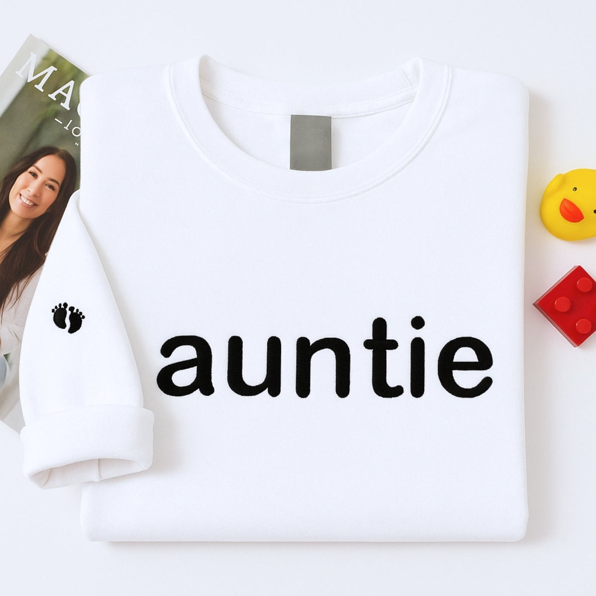 Custom Auntie Embroidered Sweatshirt - Aunt Hoodie with Baby Footprint - New Aunt Gift