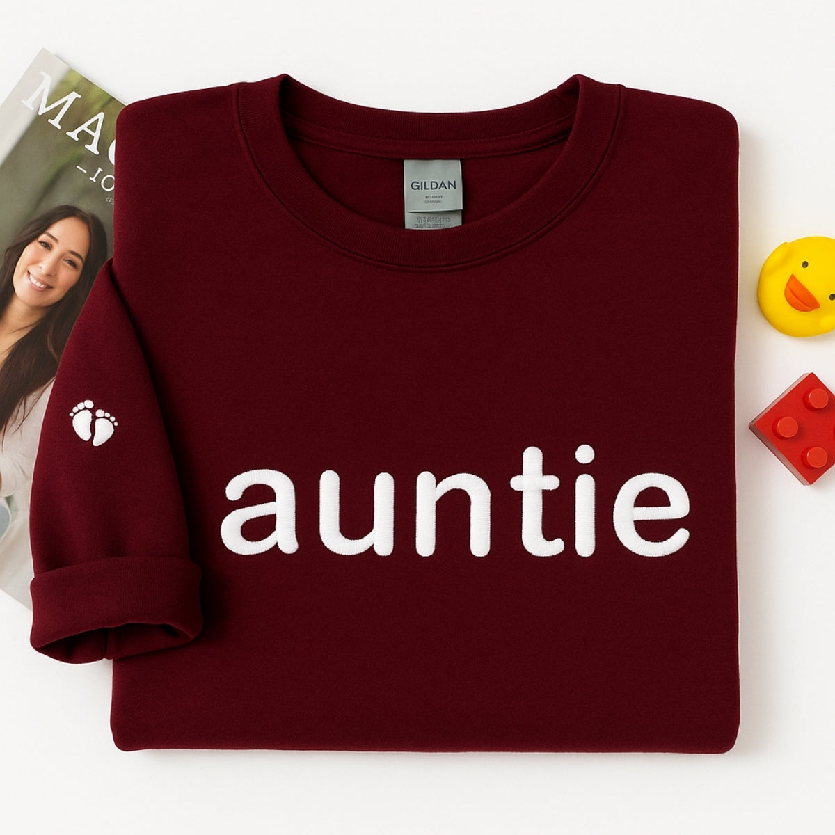 Custom Auntie Embroidered Sweatshirt - Aunt Hoodie with Baby Footprint - New Aunt Gift
