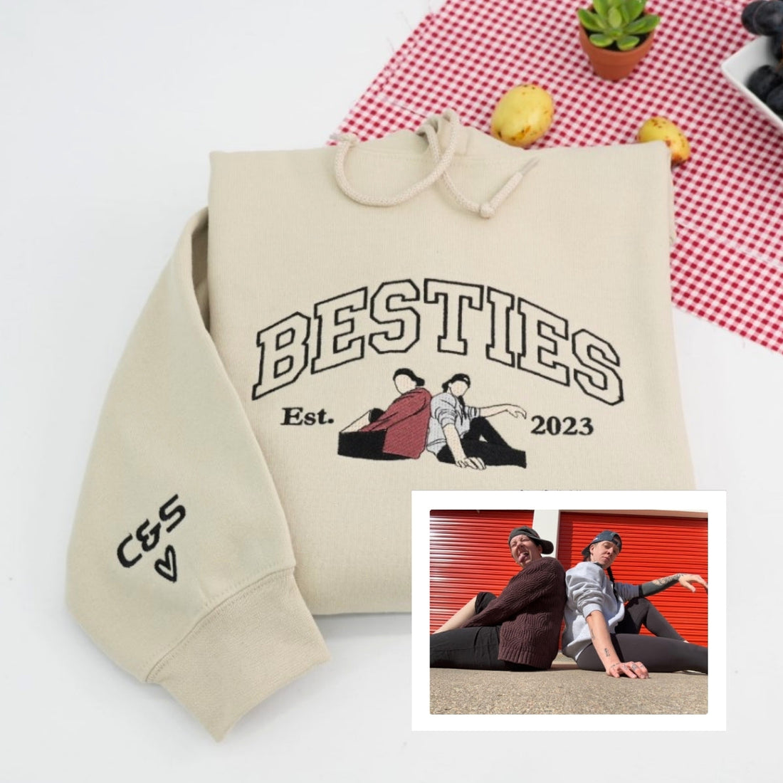 Best Friend Portrait Custom Embroidered Hoodie - Besties Varsity Friendship Gift