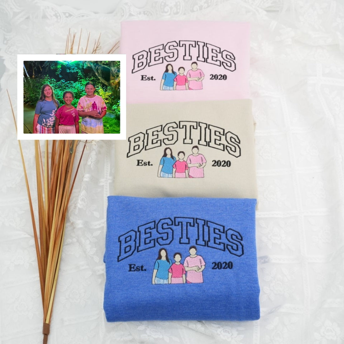 Besties Group Portrait Custom Embroidered Sweatshirt - Friendship Squad Varsity Hoodie