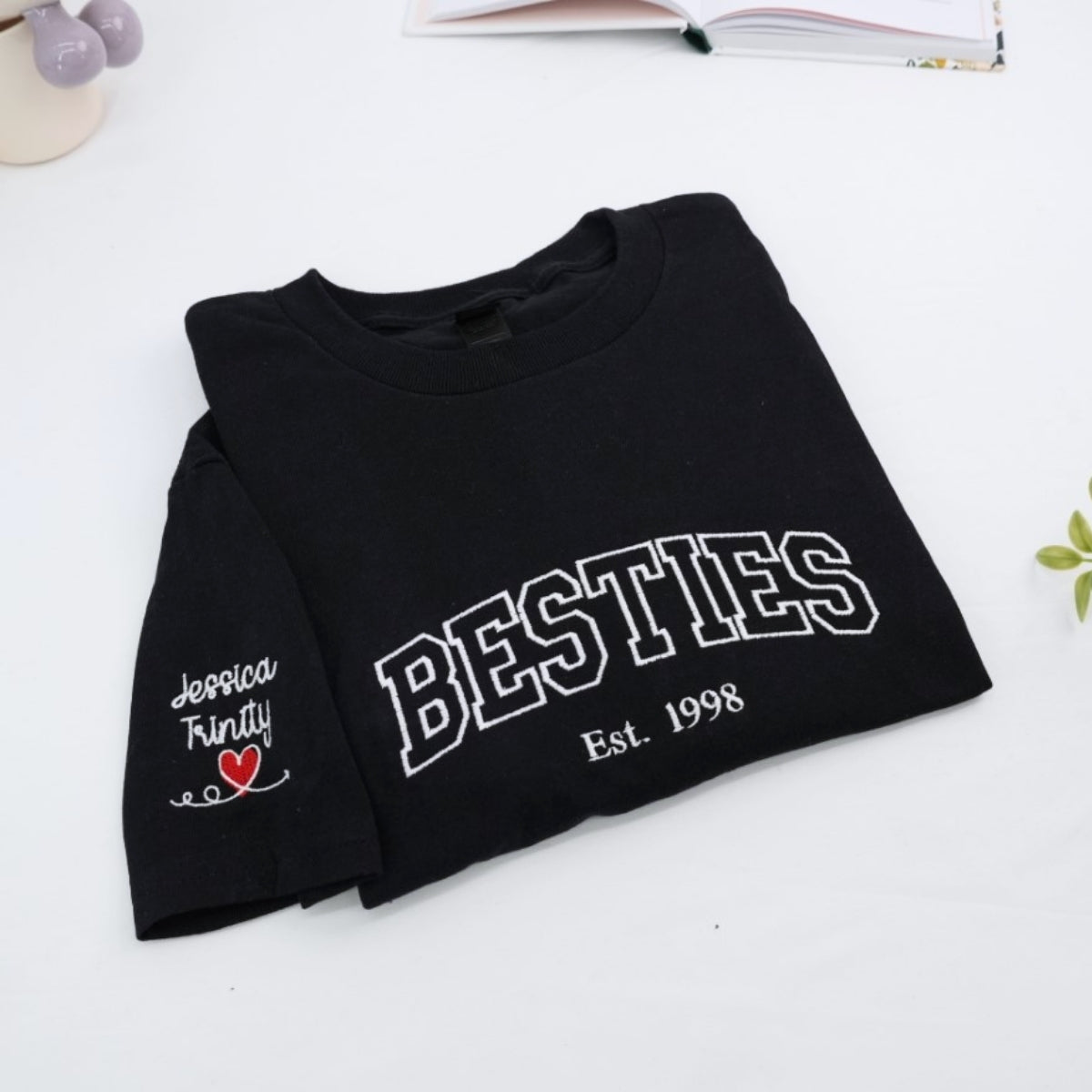 Besties Custom Embroidered T-Shirt - Varsity Style Best Friends Personalized Gift
