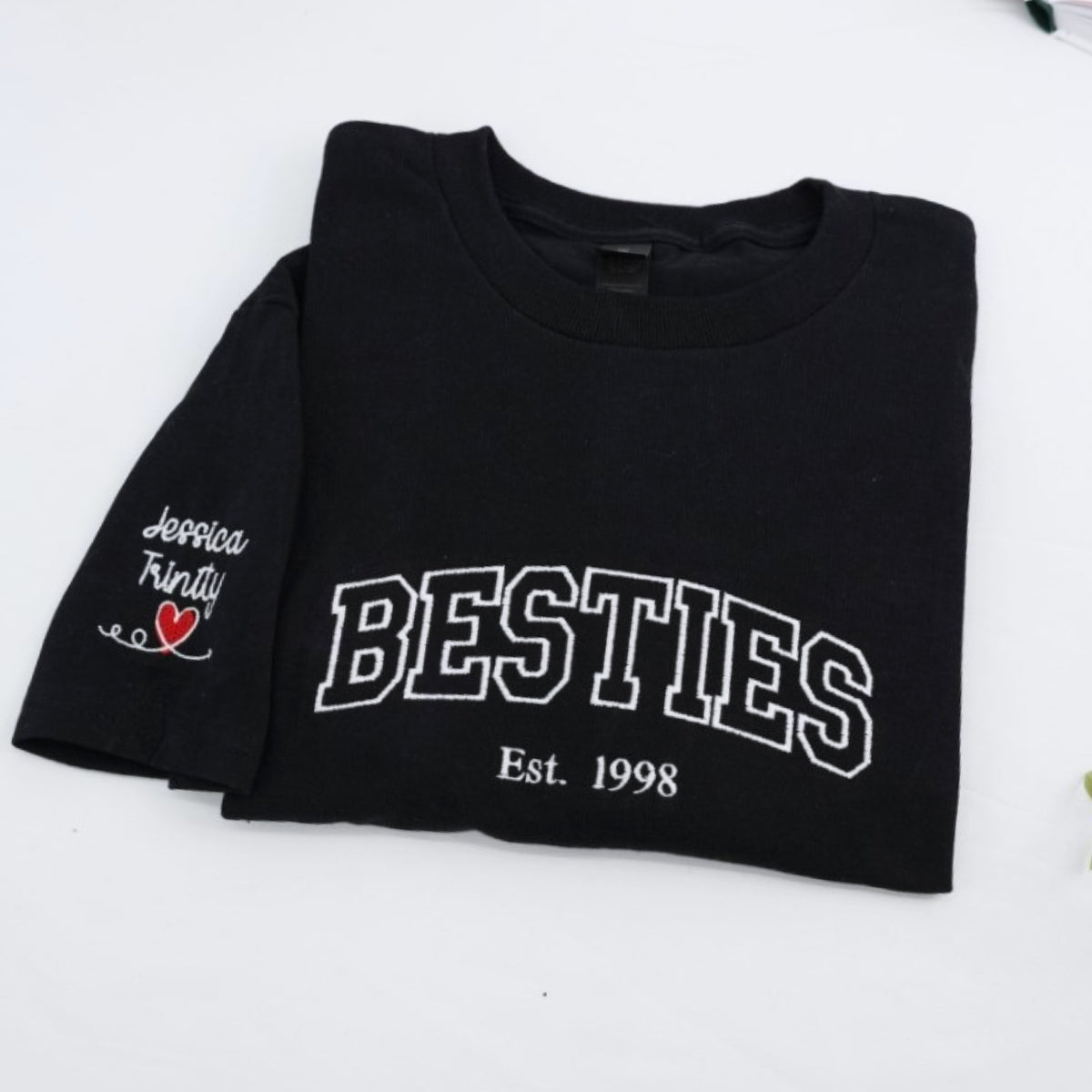 Besties Custom Embroidered T-Shirt - Varsity Style Best Friends Personalized Gift