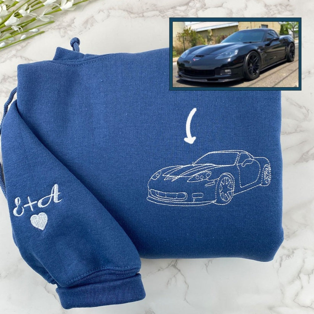 Custom Car Line Art Embroidered Sweatshirt - Minimalist Vehicle Hoodie - Car Enthusiast Gift