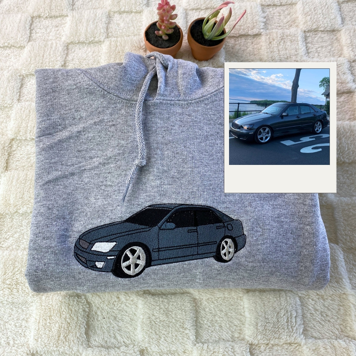 Custom Car Portrait Embroidered Hoodie - Personalized Vehicle Sweatshirt - Car Enthusiast Gift