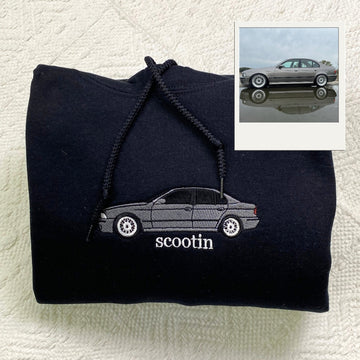 Custom Car Portrait Embroidered Hoodie - Personalized Vehicle Sweatshirt with Text