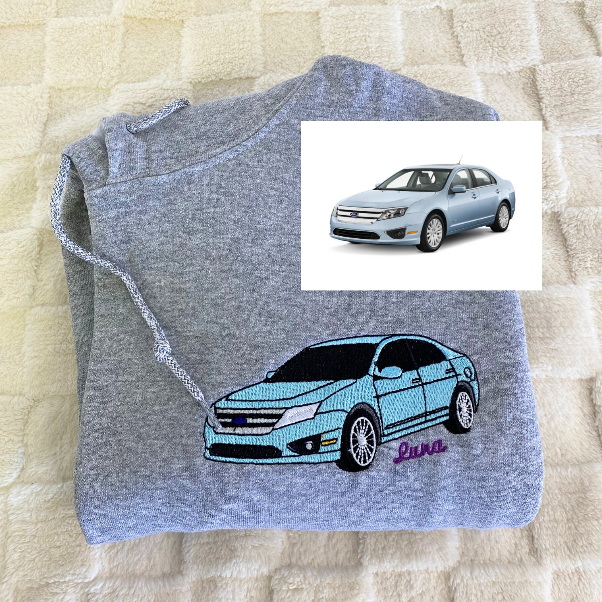 Custom Car Portrait Embroidered Hoodie - Personalized Vehicle Sweatshirt with Text