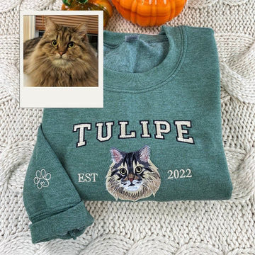 Custom Cat Portrait Embroidered Hoodie - Personalized Pet Varsity - Cat Anniversary Gift