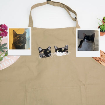 Custom Cat Face Embroidered Apron - Pet Lover Kitchen Apparel - Personalized Cat Owner Gift