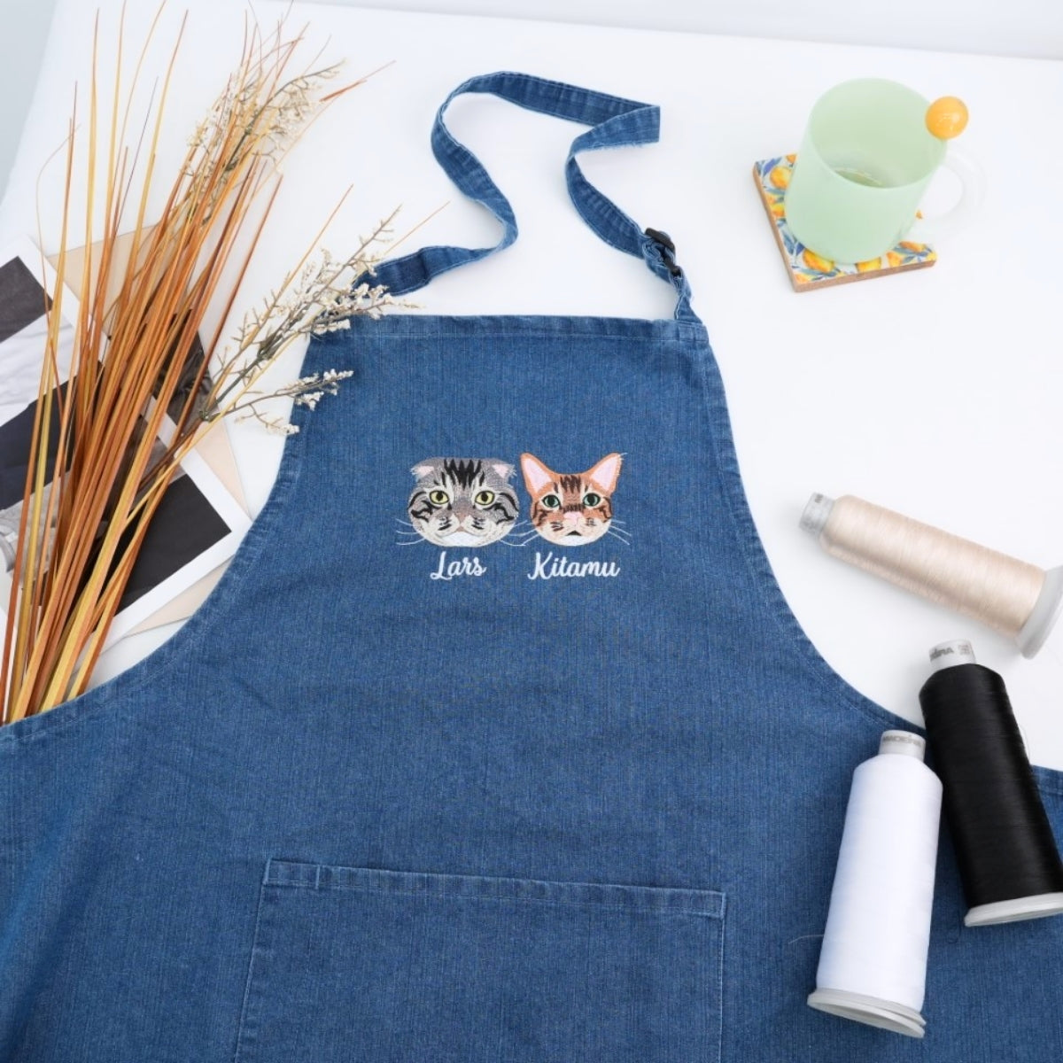 Custom Cat Face Embroidered Apron - Pet Lover Kitchen Apparel - Personalized Cat Owner Gift