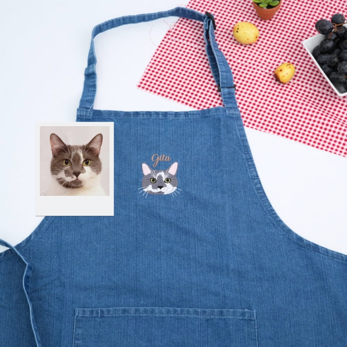 Custom Cat Face Embroidered Apron - Pet Lover Kitchen Apparel - Personalized Cat Owner Gift