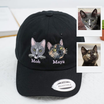 Custom Cat Portrait Embroidered Cap - Personalized Pet Name - Gift for Cat MomDad