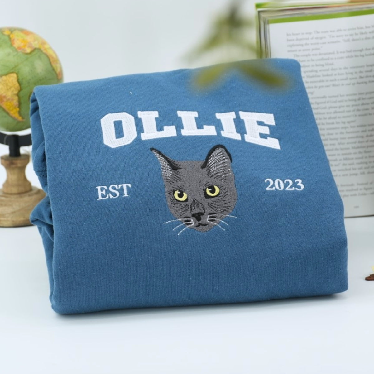 Custom Cat Portrait Embroidered Sweatshirt - Personalized Varsity Cat Face Hoodie - Cat Lover Gift
