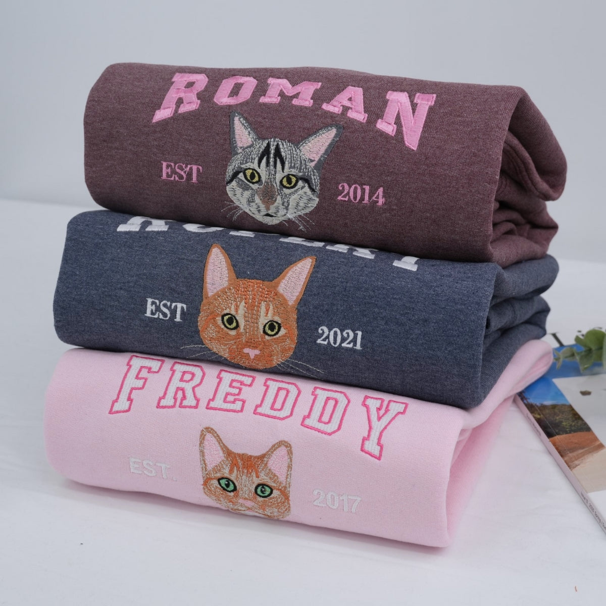 Custom Cat Portrait Embroidered Sweatshirt - Personalized Varsity Cat Face Hoodie - Cat Lover Gift
