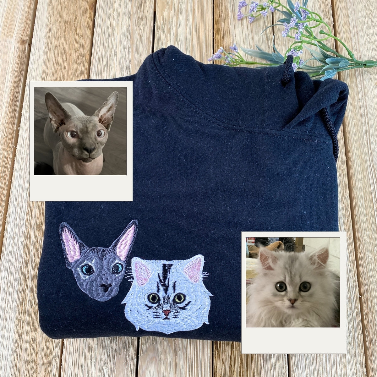 Custom Cat Portrait Embroidered Hoodie - Personalized Cat Face Sweatshirt - Cat Mom Gift