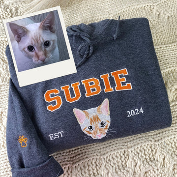 Custom Cat Portrait Embroidered Hoodie - Varsity Pet Sweatshirt - Personalized Cat Lover Gift