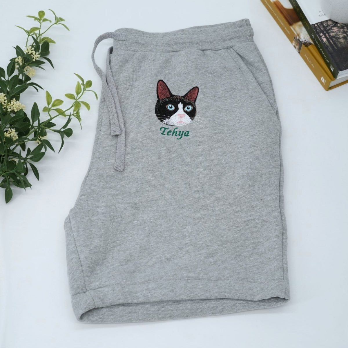 Custom Cat Portrait Embroidered Shorts - Cat Face - Personalized Cat MomDad Gift