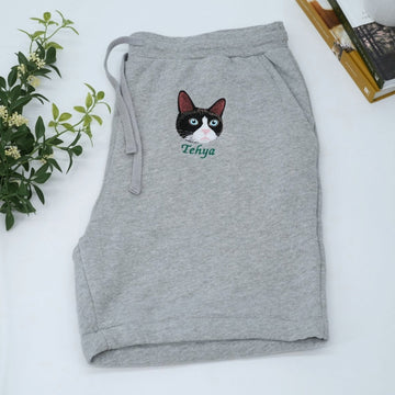 Custom Cat Portrait Embroidered Shorts - Cat Face - Personalized Cat MomDad Gift