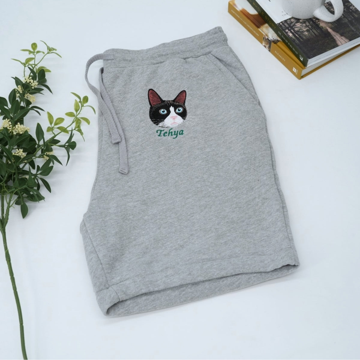 Custom Cat Portrait Embroidered Shorts - Cat Face - Personalized Cat MomDad Gift