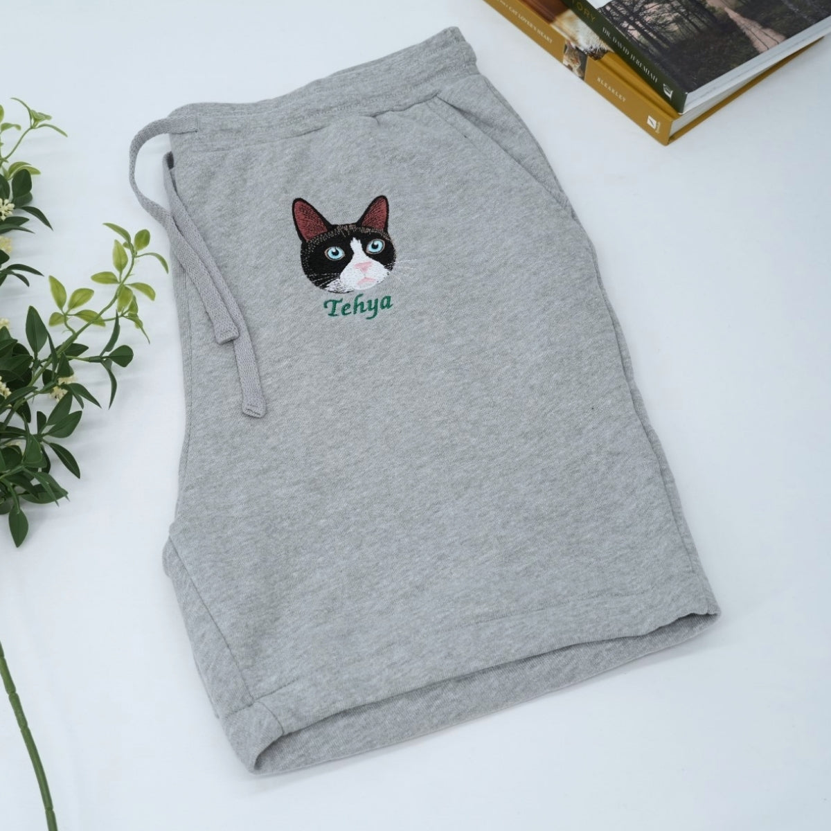 Custom Cat Portrait Embroidered Shorts - Cat Face - Personalized Cat MomDad Gift