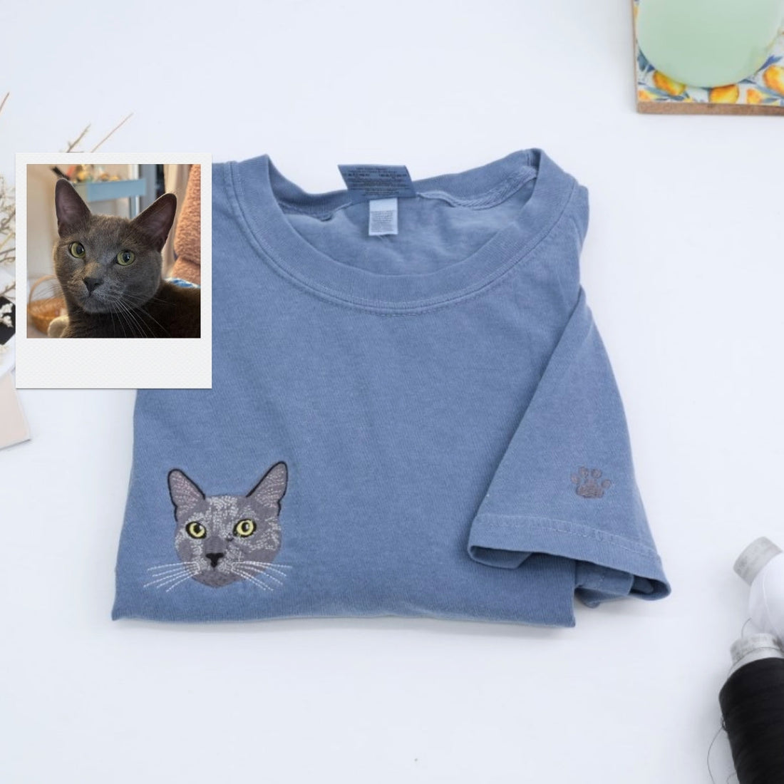 Custom Cat Portrait Embroidered T-Shirt - Pet Face From Photo - Personalized Cat Mom Gift