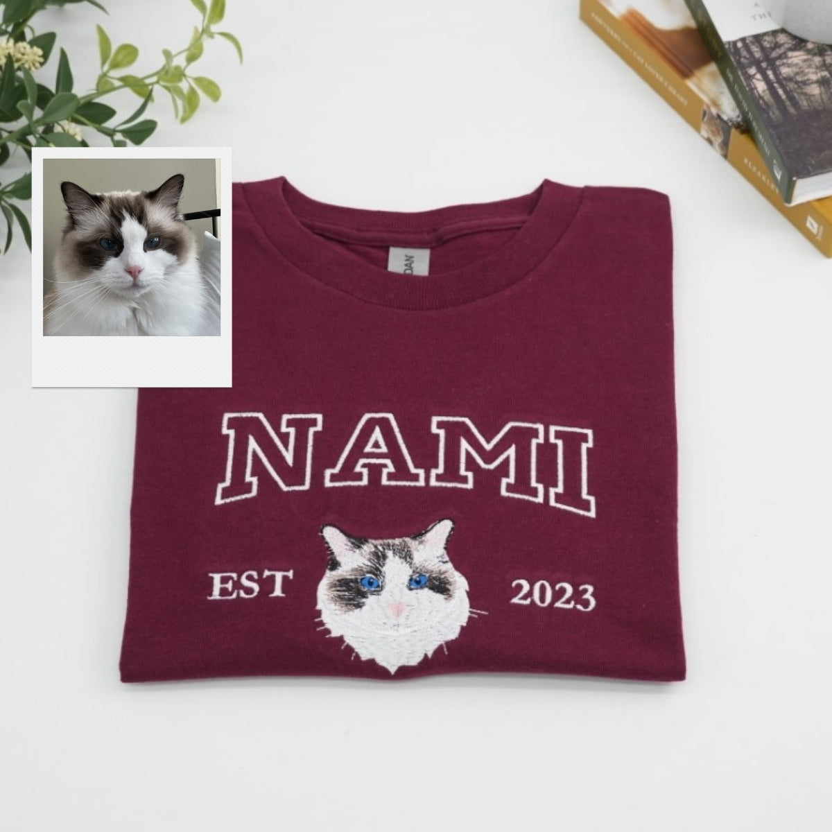 Custom Cat Portrait Embroidered T-Shirt - Personalized Pet Face Varsity Style - Cat Memorial Gift