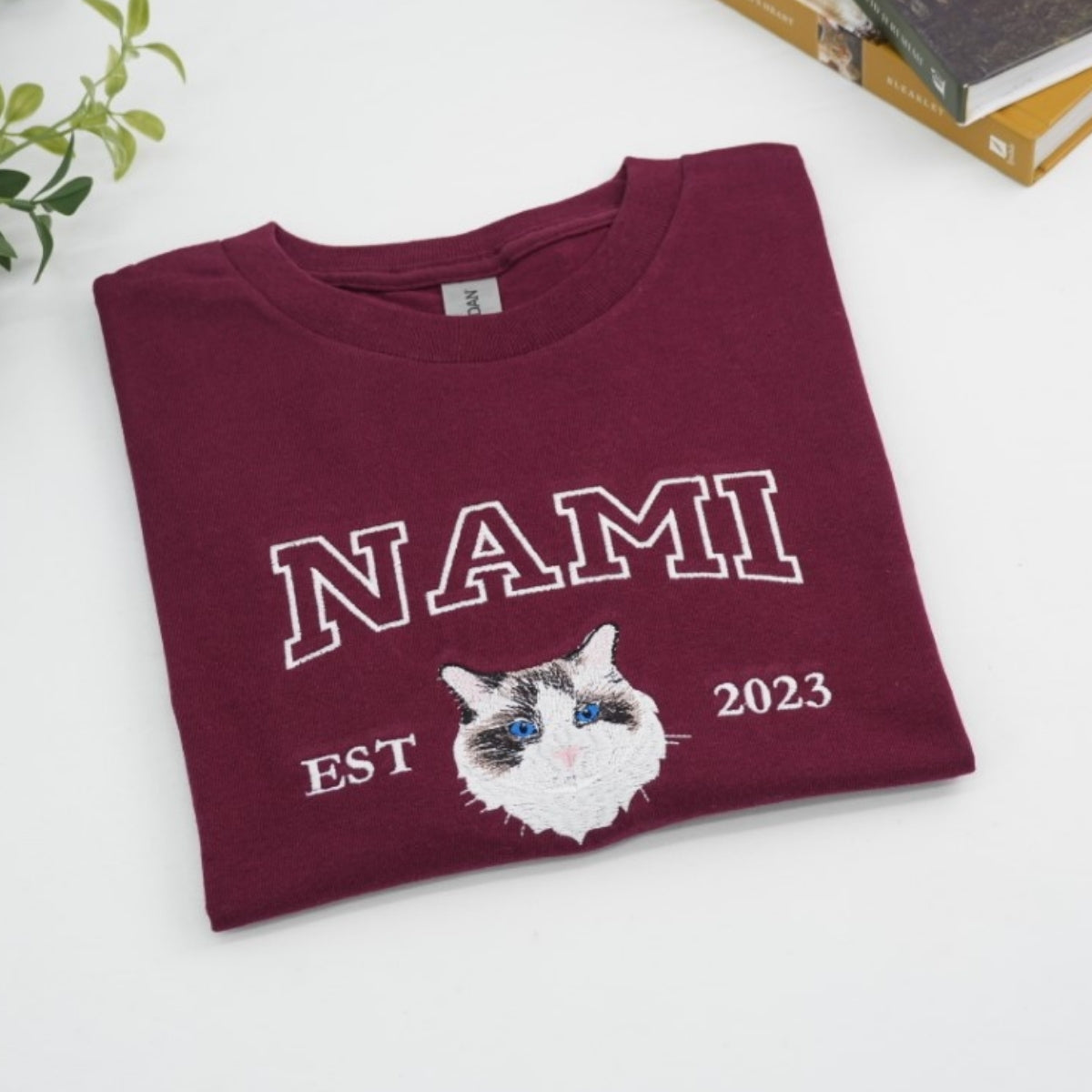 Custom Cat Portrait Embroidered T-Shirt - Personalized Pet Face Varsity Style - Cat Memorial Gift