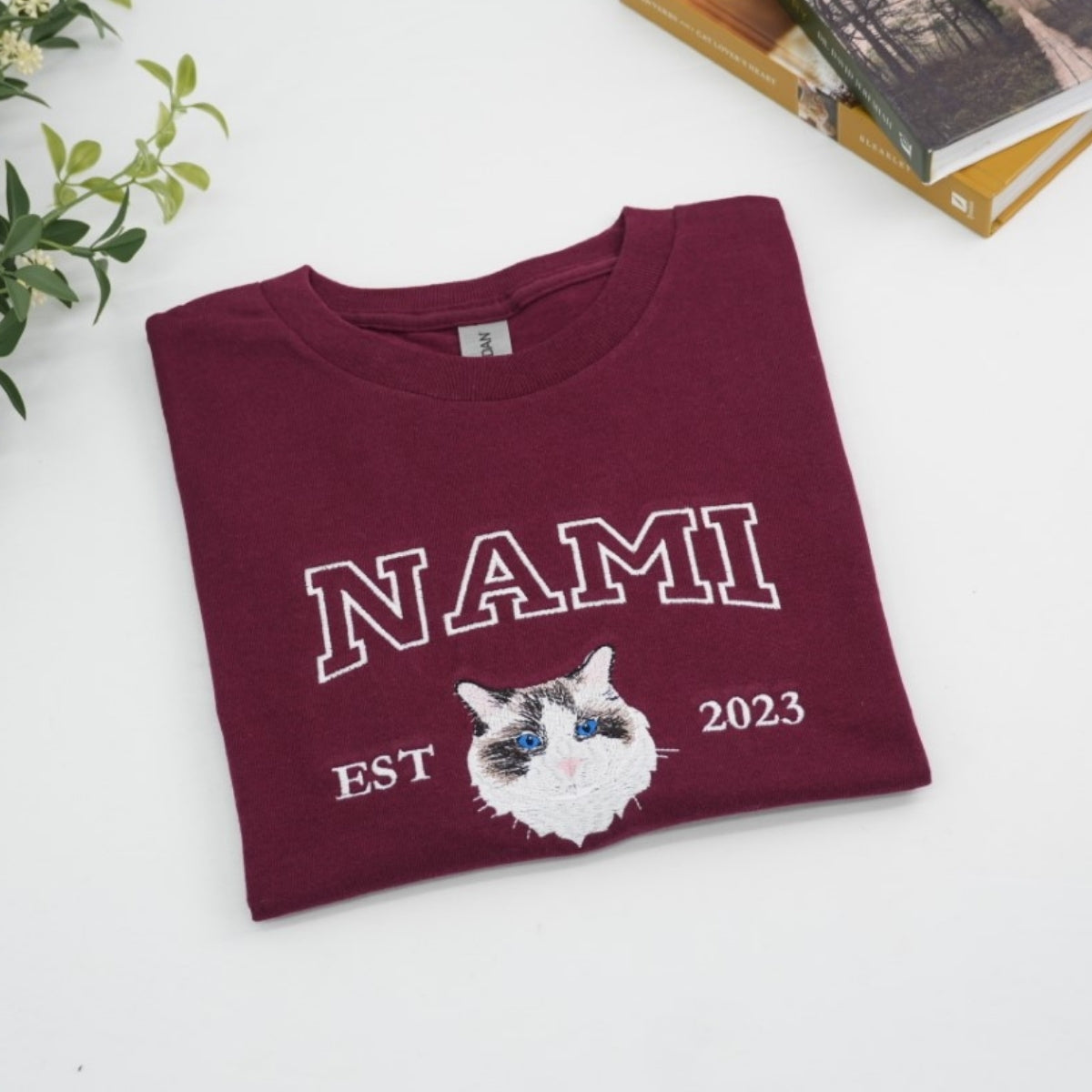 Custom Cat Portrait Embroidered T-Shirt - Personalized Pet Face Varsity Style - Cat Memorial Gift