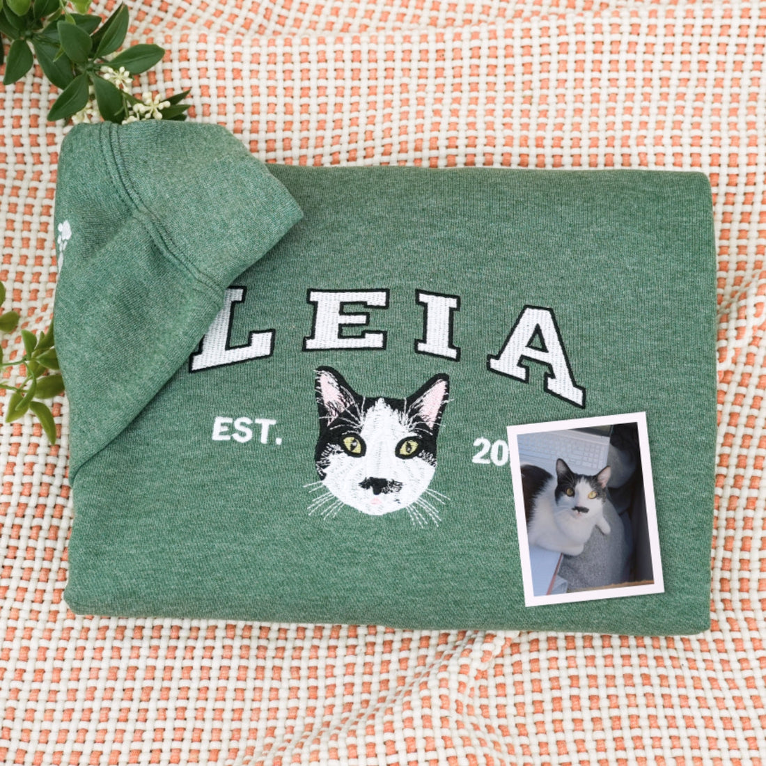 Custom Cat Portrait Embroidered Varsity Hoodie - Personalized Pet Name Sweatshirt - Cat Lover Gift